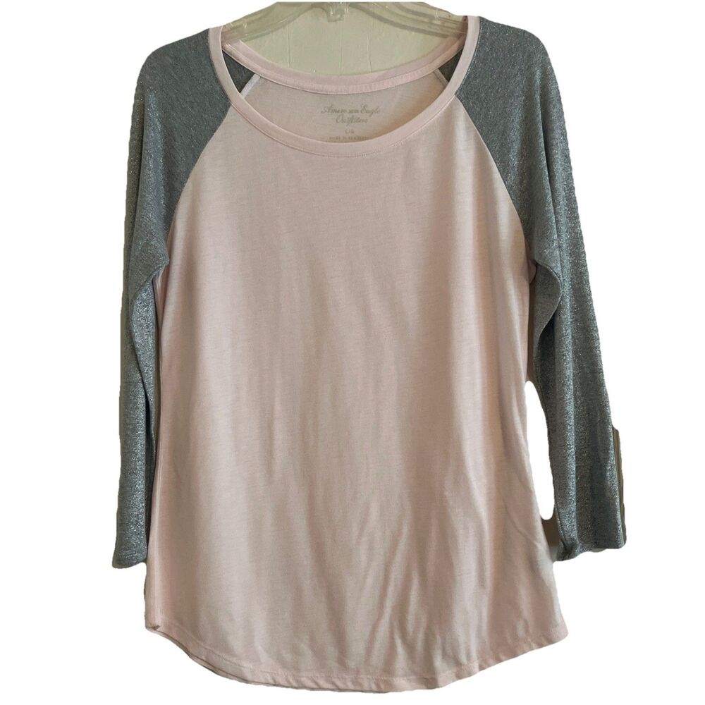 American Eagle Jersey T Shirt Junior's Girls L Pink Gray Metallic Sleeves Soft